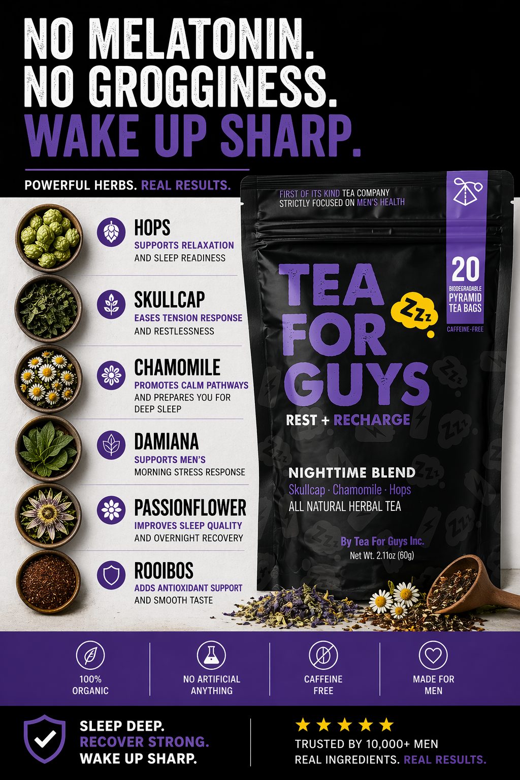 Tea For Guys 'No Melatonin. No Grogginess. Wake Up Sharp.' Nighttime Blend ad