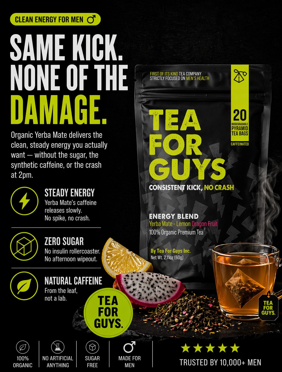 Tea For Guys 'Same Kick. None Of The Damage.' Yerba Mate Energy Blend ad